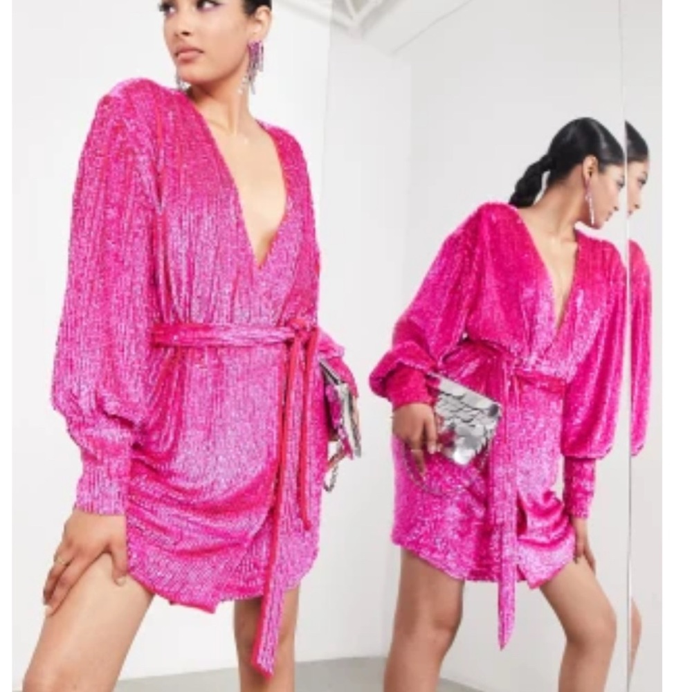 ASOS Edition Pink Sequin mini cocktail Dress deep V plunge cuff sleeves size 8